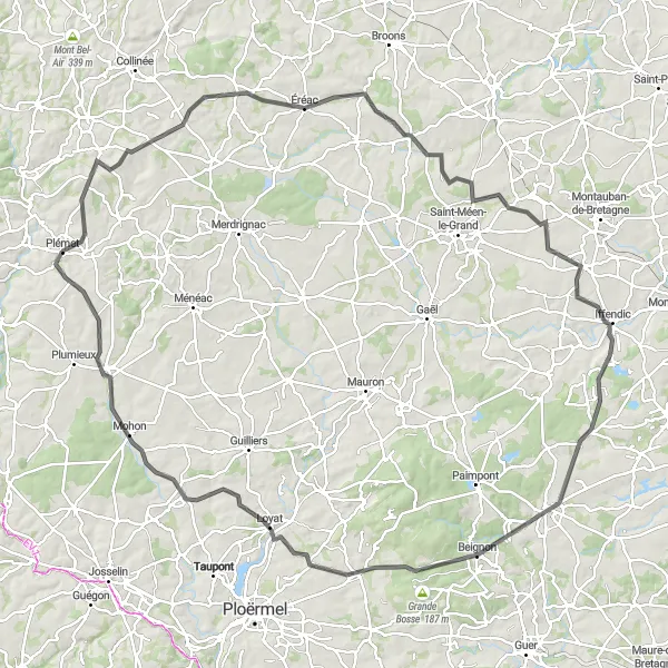 Miniature de la carte de l'inspiration cycliste "Tour complet vers Mohon" dans la Bretagne, France. Générée par le planificateur d'itinéraire cycliste Tarmacs.app