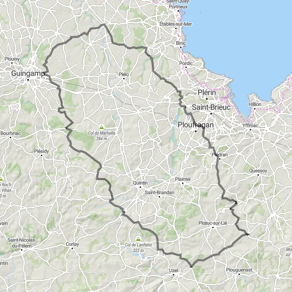 Map miniature of "Challenging Road Cycling Loop near Plémy" cycling inspiration in Bretagne, France. Generated by Tarmacs.app cycling route planner