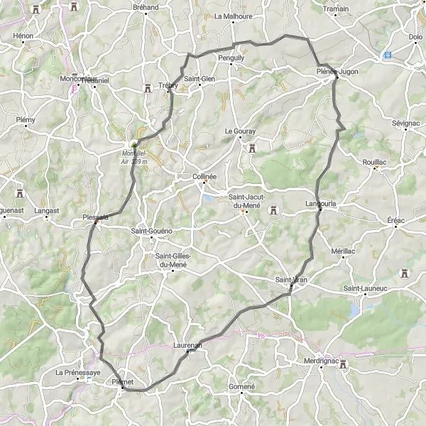 Map miniature of "Plénée-Jugon to Trébry Return" cycling inspiration in Bretagne, France. Generated by Tarmacs.app cycling route planner