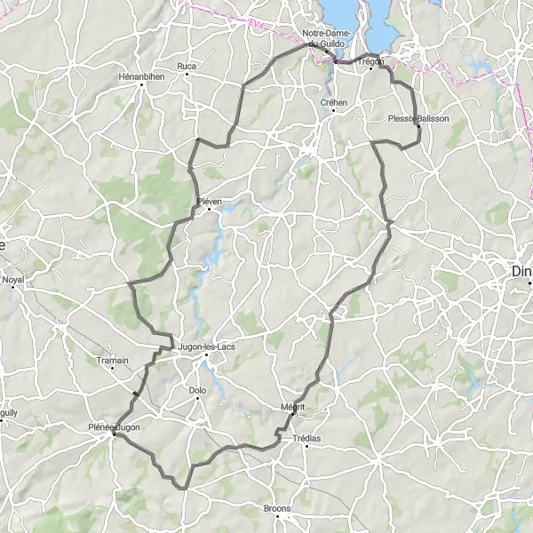 Map miniature of "Plénée-Jugon to Corseul via Plessix-Balisson" cycling inspiration in Bretagne, France. Generated by Tarmacs.app cycling route planner