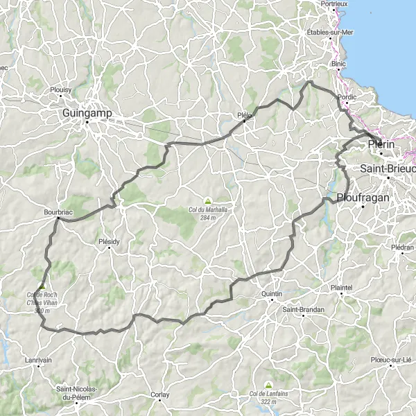 Miniature de la carte de l'inspiration cycliste "Boucle à travers Le Vieux-Bourg et Bourbriac" dans la Bretagne, France. Générée par le planificateur d'itinéraire cycliste Tarmacs.app