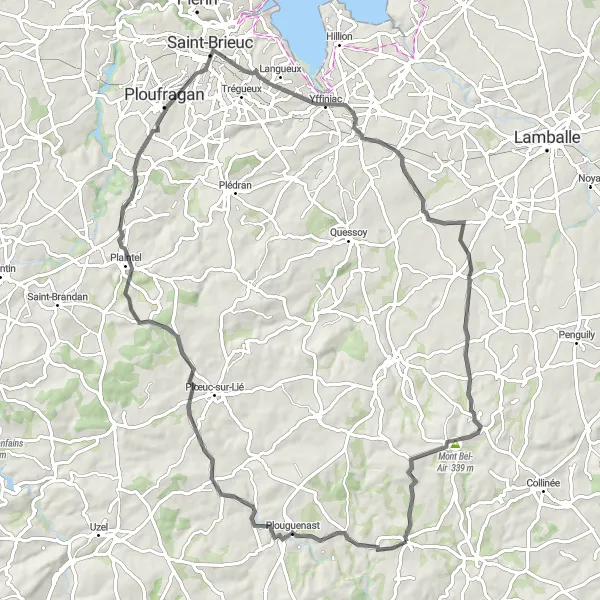 Miniature de la carte de l'inspiration cycliste "Parcours à travers Yffiniac et Plessala" dans la Bretagne, France. Générée par le planificateur d'itinéraire cycliste Tarmacs.app