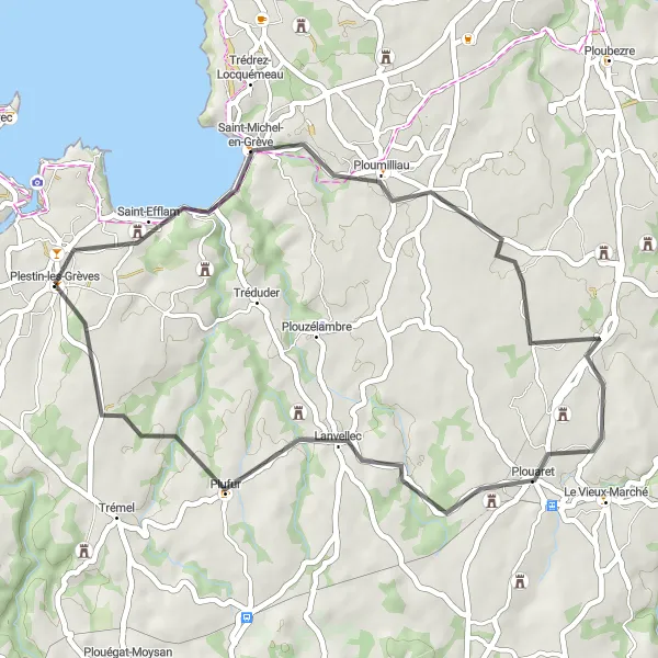 Map miniature of "The Coastline Loop" cycling inspiration in Bretagne, France. Generated by Tarmacs.app cycling route planner