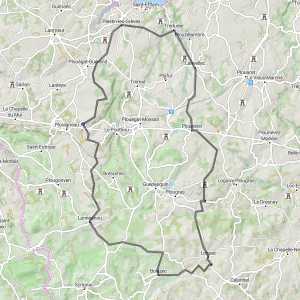Miniature de la carte de l'inspiration cycliste "Itinéraire Lanvellec - Plestin-les-Grèves - Plouégat-Guérand" dans la Bretagne, France. Générée par le planificateur d'itinéraire cycliste Tarmacs.app