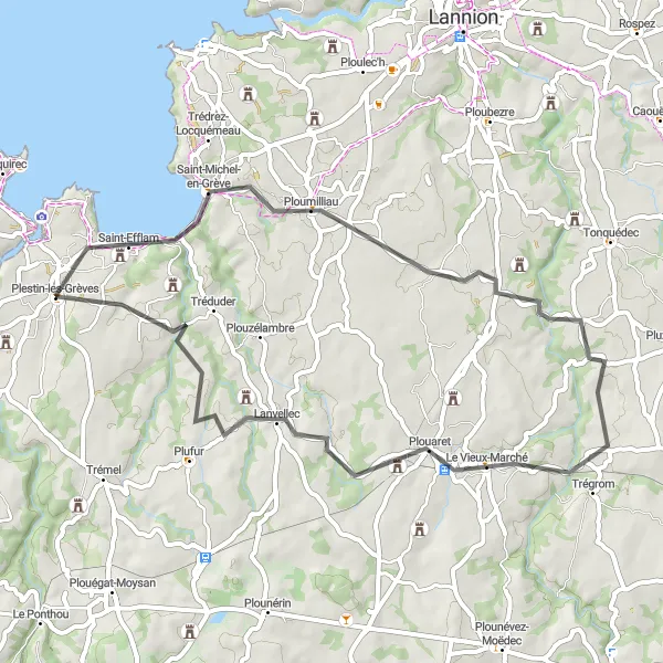 Miniature de la carte de l'inspiration cycliste "Escapade à vélo entre terre et mer" dans la Bretagne, France. Générée par le planificateur d'itinéraire cycliste Tarmacs.app