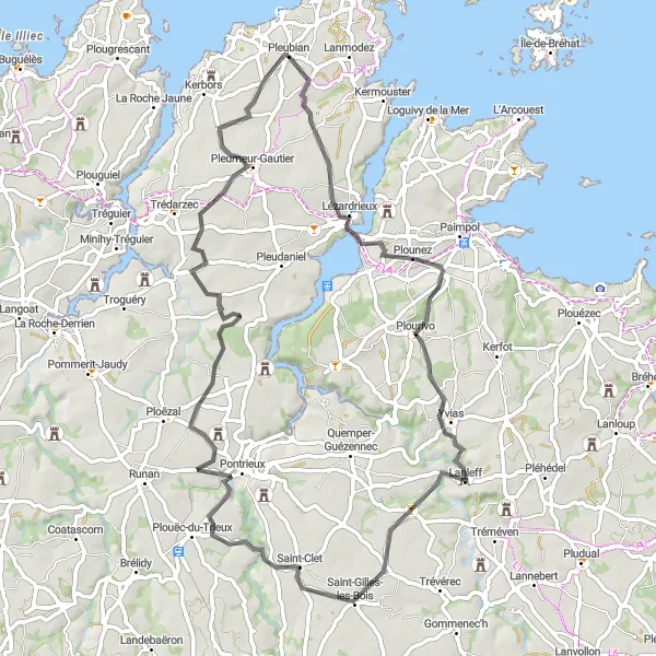 Miniature de la carte de l'inspiration cycliste "Tour des Vallées Bretonnes" dans la Bretagne, France. Générée par le planificateur d'itinéraire cycliste Tarmacs.app