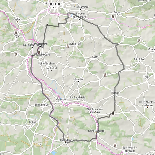 Miniature de la carte de l'inspiration cycliste "Parcours vers Montertelot et Saint-Congard" dans la Bretagne, France. Générée par le planificateur d'itinéraire cycliste Tarmacs.app