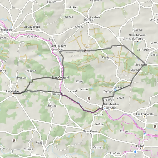 Miniature de la carte de l'inspiration cycliste "Tour vers Saint-Congard et Saint-Martin-sur-Oust" dans la Bretagne, France. Générée par le planificateur d'itinéraire cycliste Tarmacs.app
