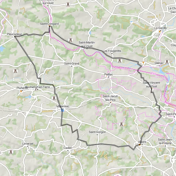Miniature de la carte de l'inspiration cycliste "Boucle vers Saint-Vincent-sur-Oust et Malansac" dans la Bretagne, France. Générée par le planificateur d'itinéraire cycliste Tarmacs.app