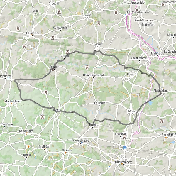 Miniature de la carte de l'inspiration cycliste "Boucle vers Larré et Château de Trédion" dans la Bretagne, France. Générée par le planificateur d'itinéraire cycliste Tarmacs.app