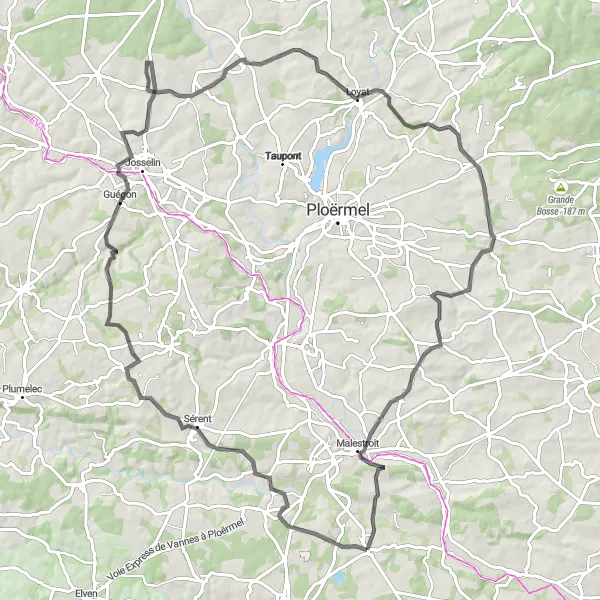 Miniature de la carte de l'inspiration cycliste "Tour de 98 km à travers les villages bretons" dans la Bretagne, France. Générée par le planificateur d'itinéraire cycliste Tarmacs.app