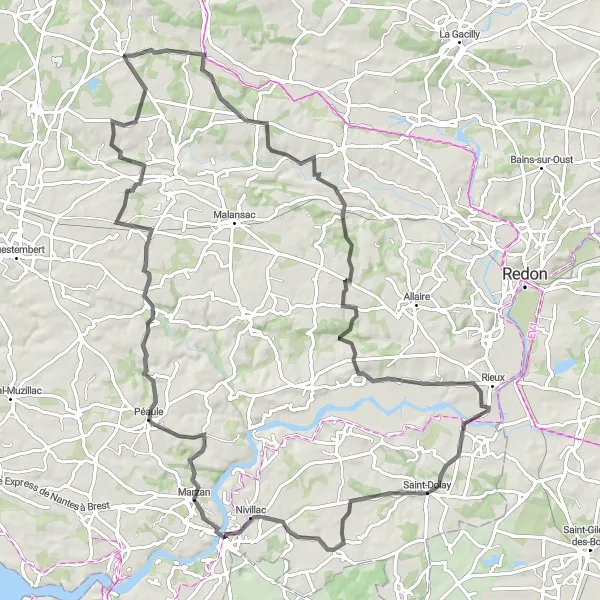 Miniature de la carte de l'inspiration cycliste "Boucle de 97 km autour de Pleucadeuc" dans la Bretagne, France. Générée par le planificateur d'itinéraire cycliste Tarmacs.app