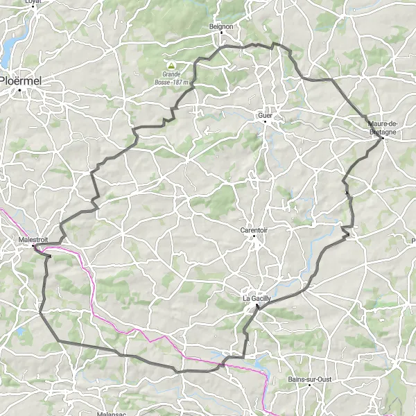 Miniature de la carte de l'inspiration cycliste "Parcours de 103 km vers Sixt-sur-Aff" dans la Bretagne, France. Générée par le planificateur d'itinéraire cycliste Tarmacs.app
