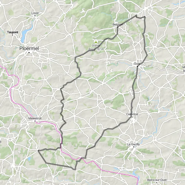 Miniature de la carte de l'inspiration cycliste "Excursion de 91 km à travers la campagne bretonne" dans la Bretagne, France. Générée par le planificateur d'itinéraire cycliste Tarmacs.app