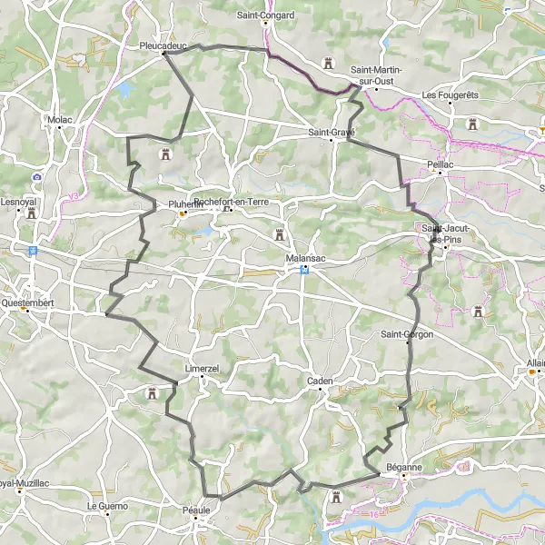 Miniature de la carte de l'inspiration cycliste "Parcours de 73 km vers Château de l'Etier" dans la Bretagne, France. Générée par le planificateur d'itinéraire cycliste Tarmacs.app