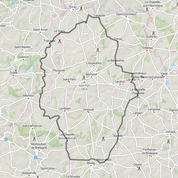 Miniature de la carte de l'inspiration cycliste "Les Vallées Enchantées de la Bretagne" dans la Bretagne, France. Générée par le planificateur d'itinéraire cycliste Tarmacs.app