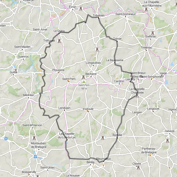 Map miniature of "Road cycling route through Le Lou-du-Lac and Trévérien" cycling inspiration in Bretagne, France. Generated by Tarmacs.app cycling route planner