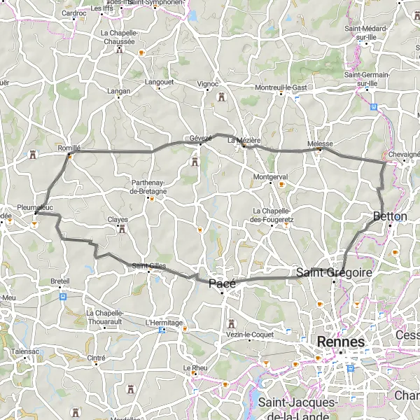 Miniature de la carte de l'inspiration cycliste "Parcours des Villages Bretons" dans la Bretagne, France. Générée par le planificateur d'itinéraire cycliste Tarmacs.app