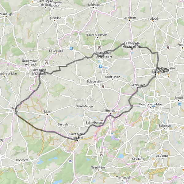 Map miniature of "Scenic road route through Iffendic and Montauban-de-Bretagne" cycling inspiration in Bretagne, France. Generated by Tarmacs.app cycling route planner