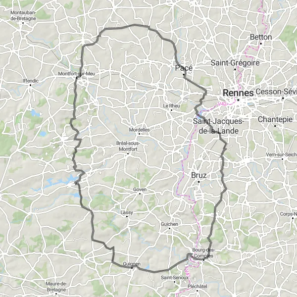 Map miniature of "Exhilarating road route through Combourg and Montfort-sur-Meu" cycling inspiration in Bretagne, France. Generated by Tarmacs.app cycling route planner