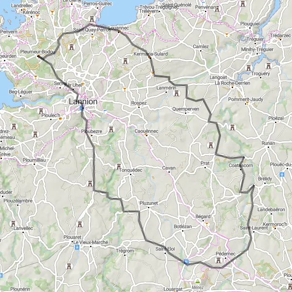 Map miniature of "Coatascorn Loop - Pleumeur-Bodou" cycling inspiration in Bretagne, France. Generated by Tarmacs.app cycling route planner