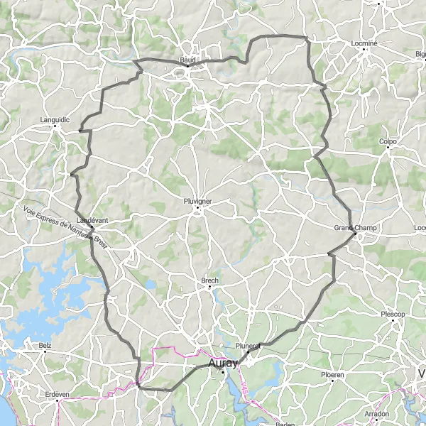 Map miniature of "Ploemel to Pluneret Challenge" cycling inspiration in Bretagne, France. Generated by Tarmacs.app cycling route planner