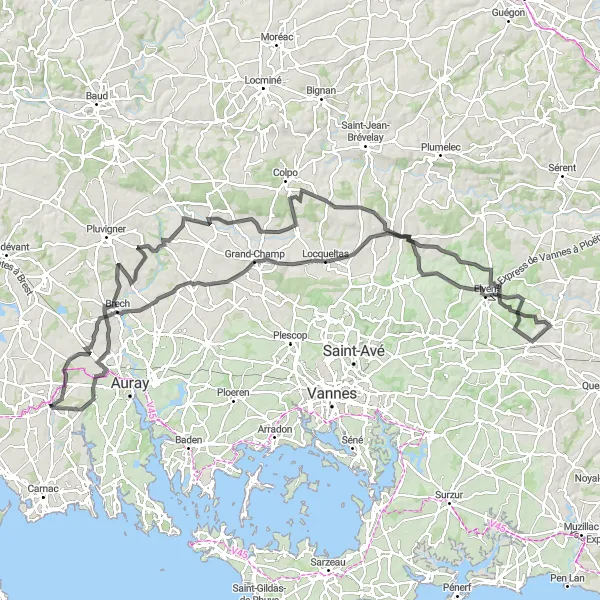 Map miniature of "The Road to Ploemel" cycling inspiration in Bretagne, France. Generated by Tarmacs.app cycling route planner