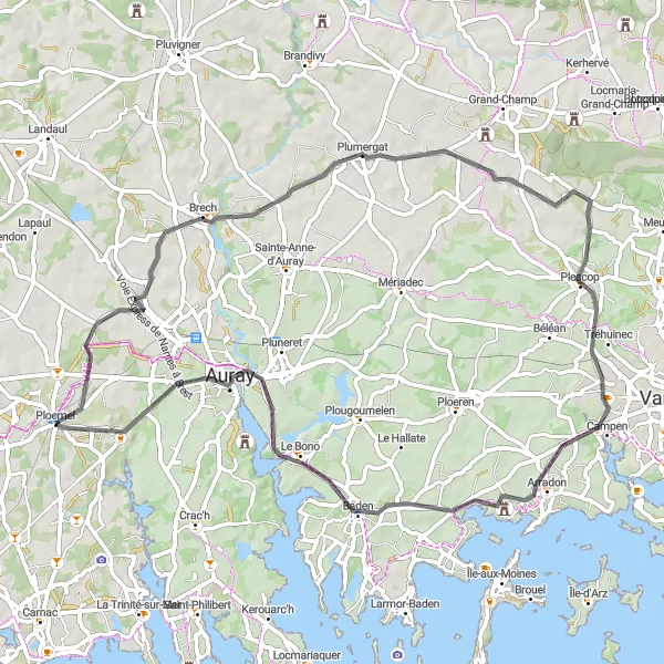 Map miniature of "Ploemel to Kerivallan Scenic Route" cycling inspiration in Bretagne, France. Generated by Tarmacs.app cycling route planner