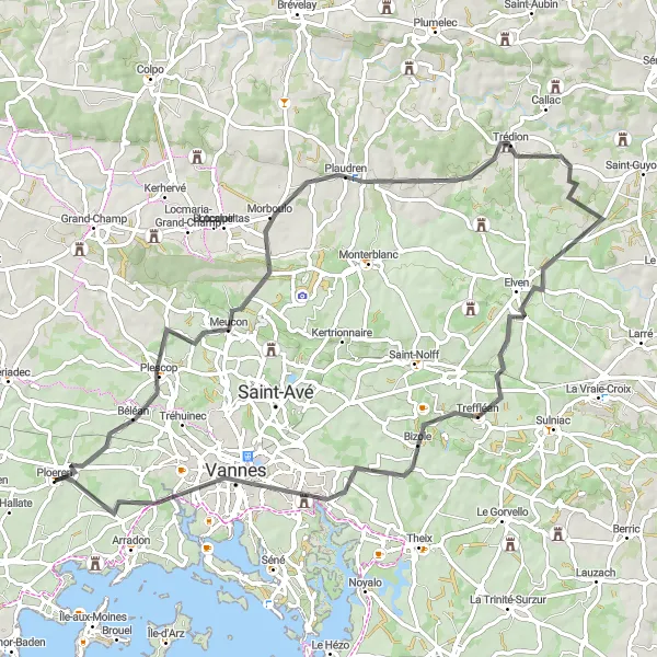 Map miniature of "Through the Countryside" cycling inspiration in Bretagne, France. Generated by Tarmacs.app cycling route planner