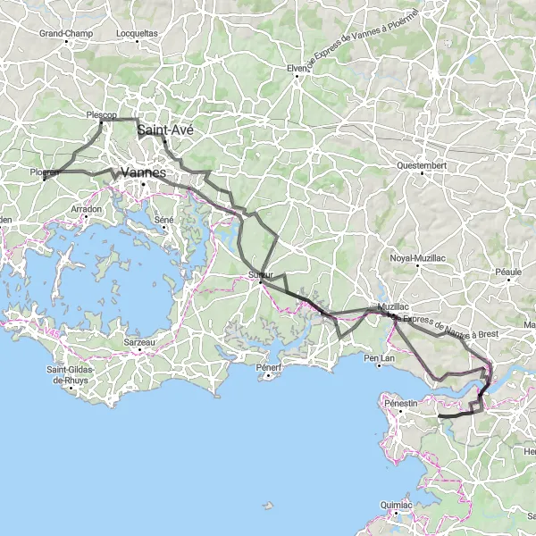 Map miniature of "Coast and Countryside" cycling inspiration in Bretagne, France. Generated by Tarmacs.app cycling route planner