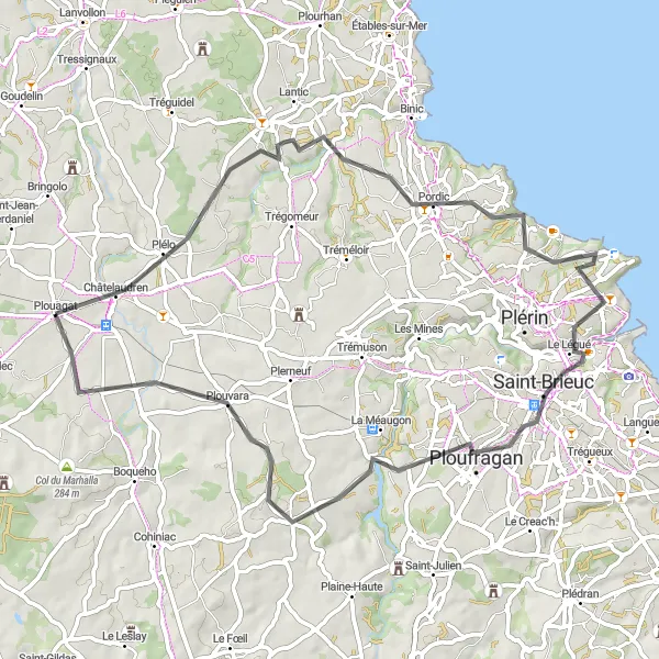 Map miniature of "The Road to Châtelaudren" cycling inspiration in Bretagne, France. Generated by Tarmacs.app cycling route planner