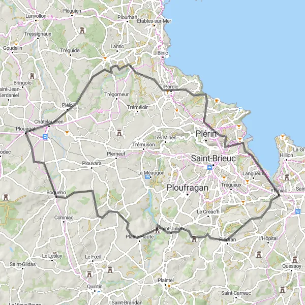 Map miniature of "The Plélo Loop" cycling inspiration in Bretagne, France. Generated by Tarmacs.app cycling route planner