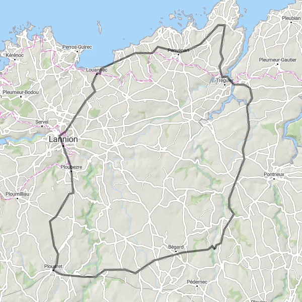 Map miniature of "Coastal Roads and Medieval Villages" cycling inspiration in Bretagne, France. Generated by Tarmacs.app cycling route planner