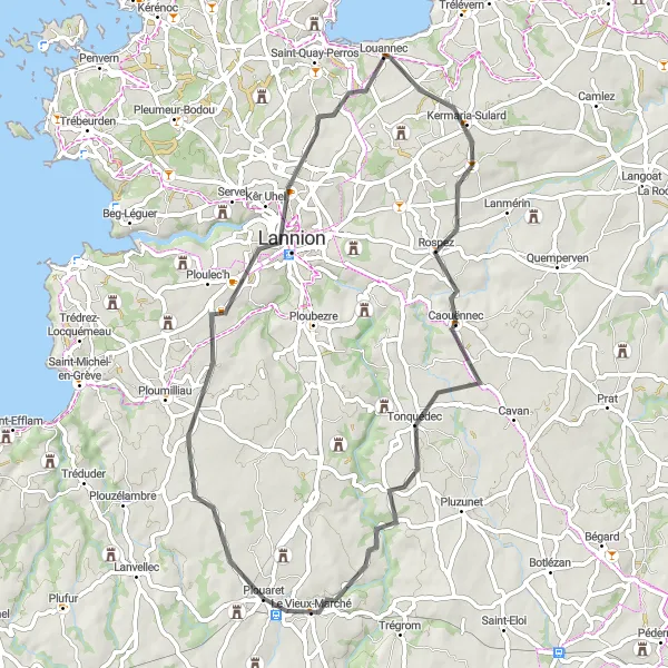 Miniature de la carte de l'inspiration cycliste "Escapade entre Plouaret et Lannion" dans la Bretagne, France. Générée par le planificateur d'itinéraire cycliste Tarmacs.app