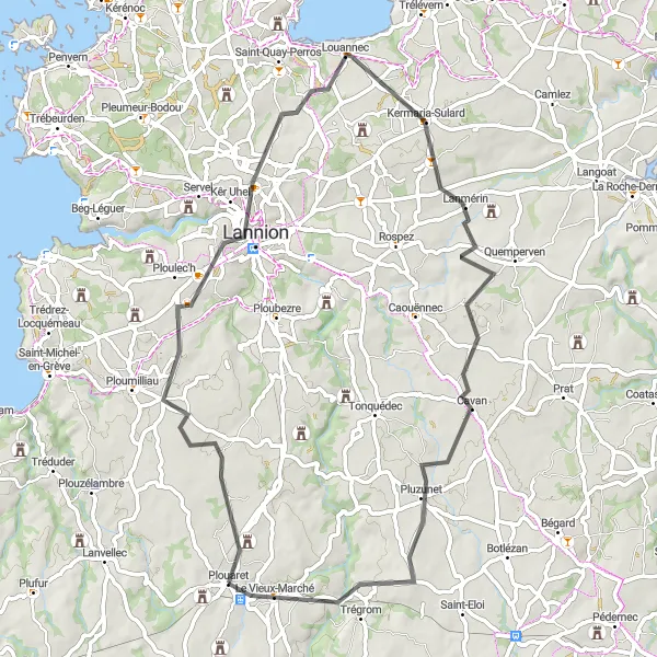 Map miniature of "A Scenic Ride Through Plouaret" cycling inspiration in Bretagne, France. Generated by Tarmacs.app cycling route planner
