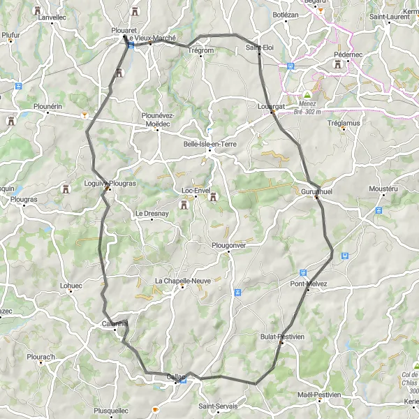 Map miniature of "Challenging Road Cycling Route from Plouaret to Callac" cycling inspiration in Bretagne, France. Generated by Tarmacs.app cycling route planner