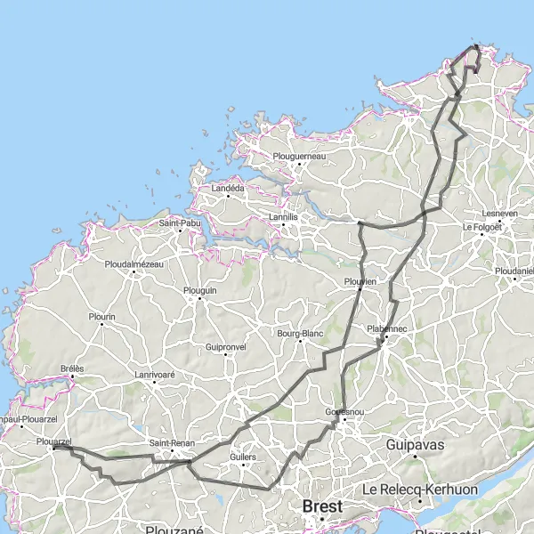 Map miniature of "Plouarzel to Kerlouan Loop" cycling inspiration in Bretagne, France. Generated by Tarmacs.app cycling route planner