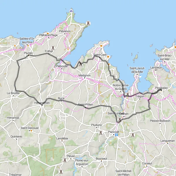 Map miniature of "Scenic road cycling route to Plurien" cycling inspiration in Bretagne, France. Generated by Tarmacs.app cycling route planner