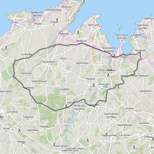Map miniature of "Scenic road cycling route from Ploubalay to Château du Guildo" cycling inspiration in Bretagne, France. Generated by Tarmacs.app cycling route planner