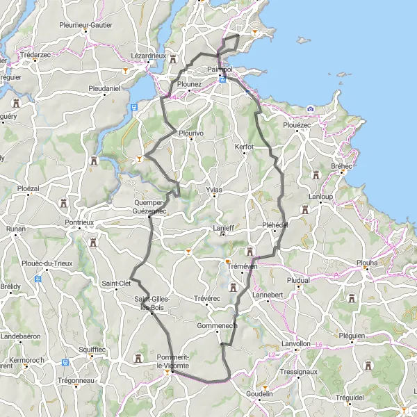 Map miniature of "Abbaye de Beauport and Manoir de Kerloury Circuit" cycling inspiration in Bretagne, France. Generated by Tarmacs.app cycling route planner