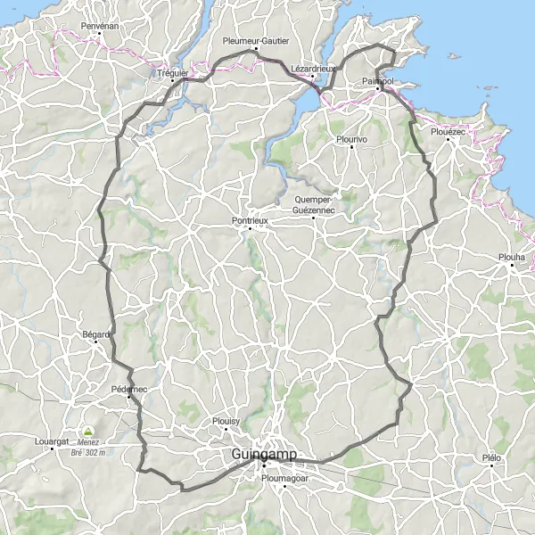 Map miniature of "Gommenec'h and Trédarzec Exploration" cycling inspiration in Bretagne, France. Generated by Tarmacs.app cycling route planner