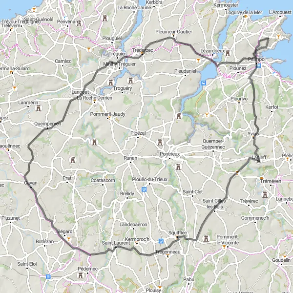 Map miniature of "Squiffiec and Bégard Escape" cycling inspiration in Bretagne, France. Generated by Tarmacs.app cycling route planner