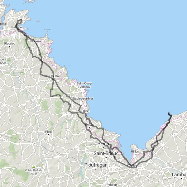 Map miniature of "Historical and Coastal Road Adventure" cycling inspiration in Bretagne, France. Generated by Tarmacs.app cycling route planner