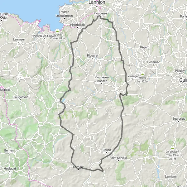 Miniature de la carte de l'inspiration cycliste "Boucle de 107 km autour de Ploubezre" dans la Bretagne, France. Générée par le planificateur d'itinéraire cycliste Tarmacs.app
