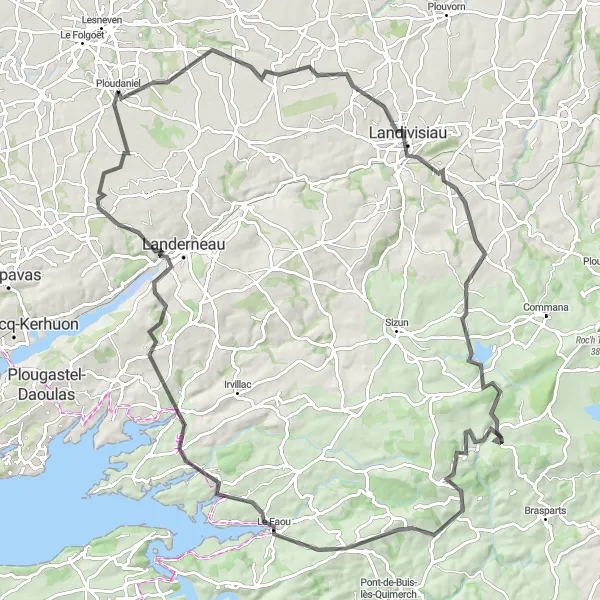 Miniature de la carte de l'inspiration cycliste "Tour à vélo épique dans la région de Ploudaniel" dans la Bretagne, France. Générée par le planificateur d'itinéraire cycliste Tarmacs.app