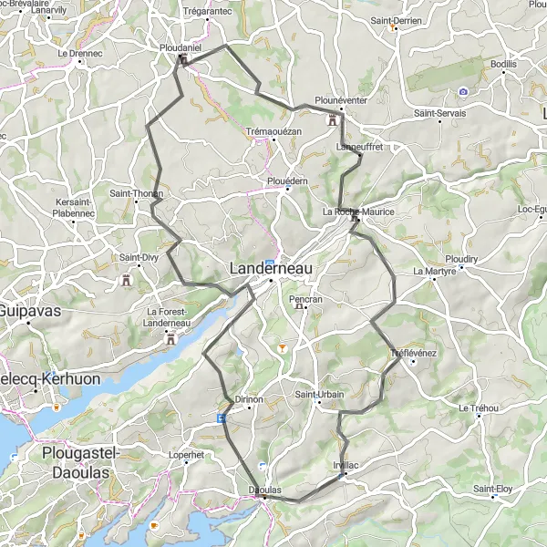 Miniature de la carte de l'inspiration cycliste "Excursion à vélo variée autour de Ploudaniel" dans la Bretagne, France. Générée par le planificateur d'itinéraire cycliste Tarmacs.app