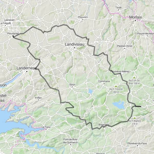 Miniature de la carte de l'inspiration cycliste "À la conquête des Monts d'Arrée" dans la Bretagne, France. Générée par le planificateur d'itinéraire cycliste Tarmacs.app