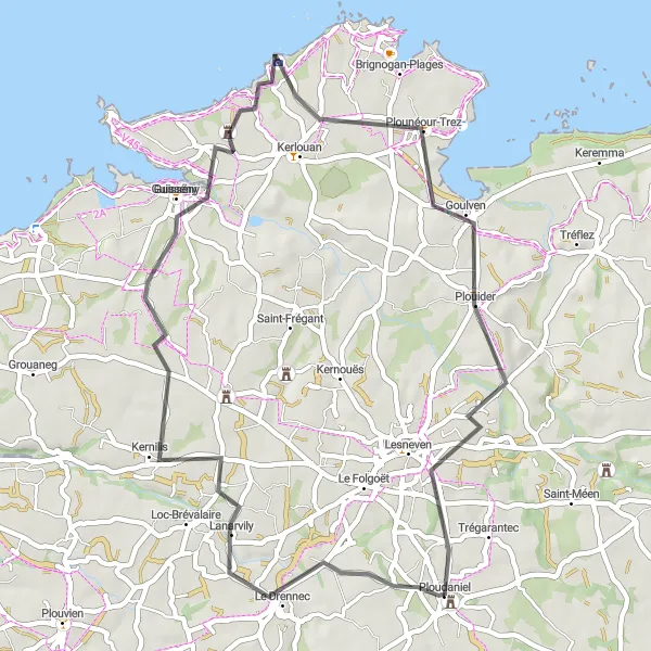 Miniature de la carte de l'inspiration cycliste "Boucle à vélo de route près de Ploudaniel" dans la Bretagne, France. Générée par le planificateur d'itinéraire cycliste Tarmacs.app