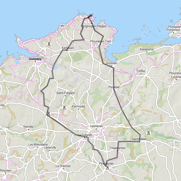 Miniature de la carte de l'inspiration cycliste "Parcours pittoresque en Bretagne" dans la Bretagne, France. Générée par le planificateur d'itinéraire cycliste Tarmacs.app