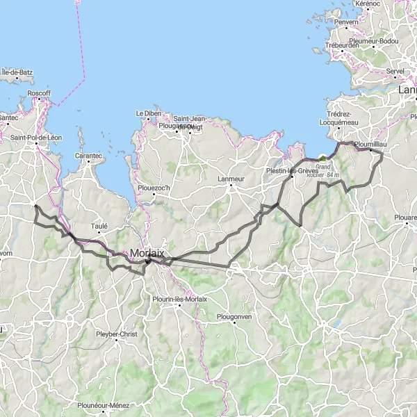 Miniature de la carte de l'inspiration cycliste "Le Tour des Rochers Bretons" dans la Bretagne, France. Générée par le planificateur d'itinéraire cycliste Tarmacs.app